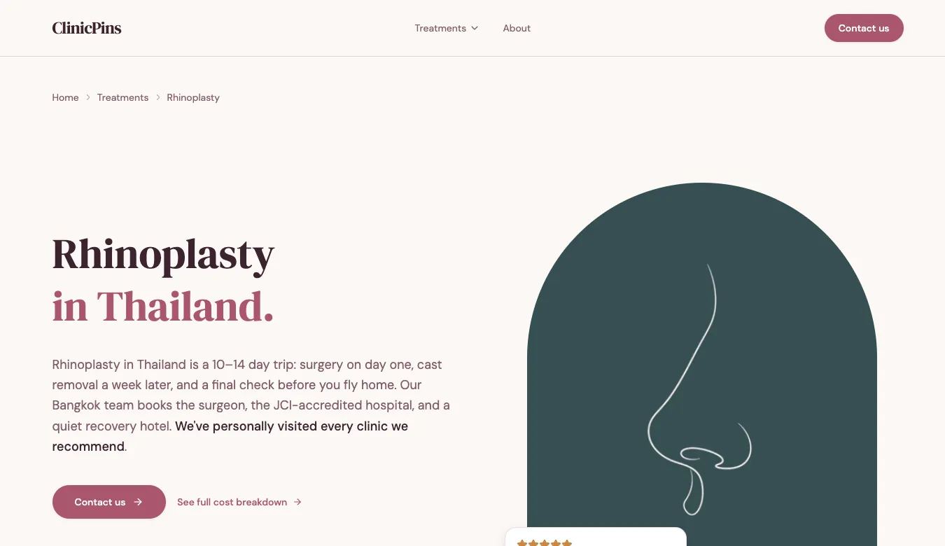 หน้า Rhinoplasty — hero section พร้อม CTA และภาพประกอบ