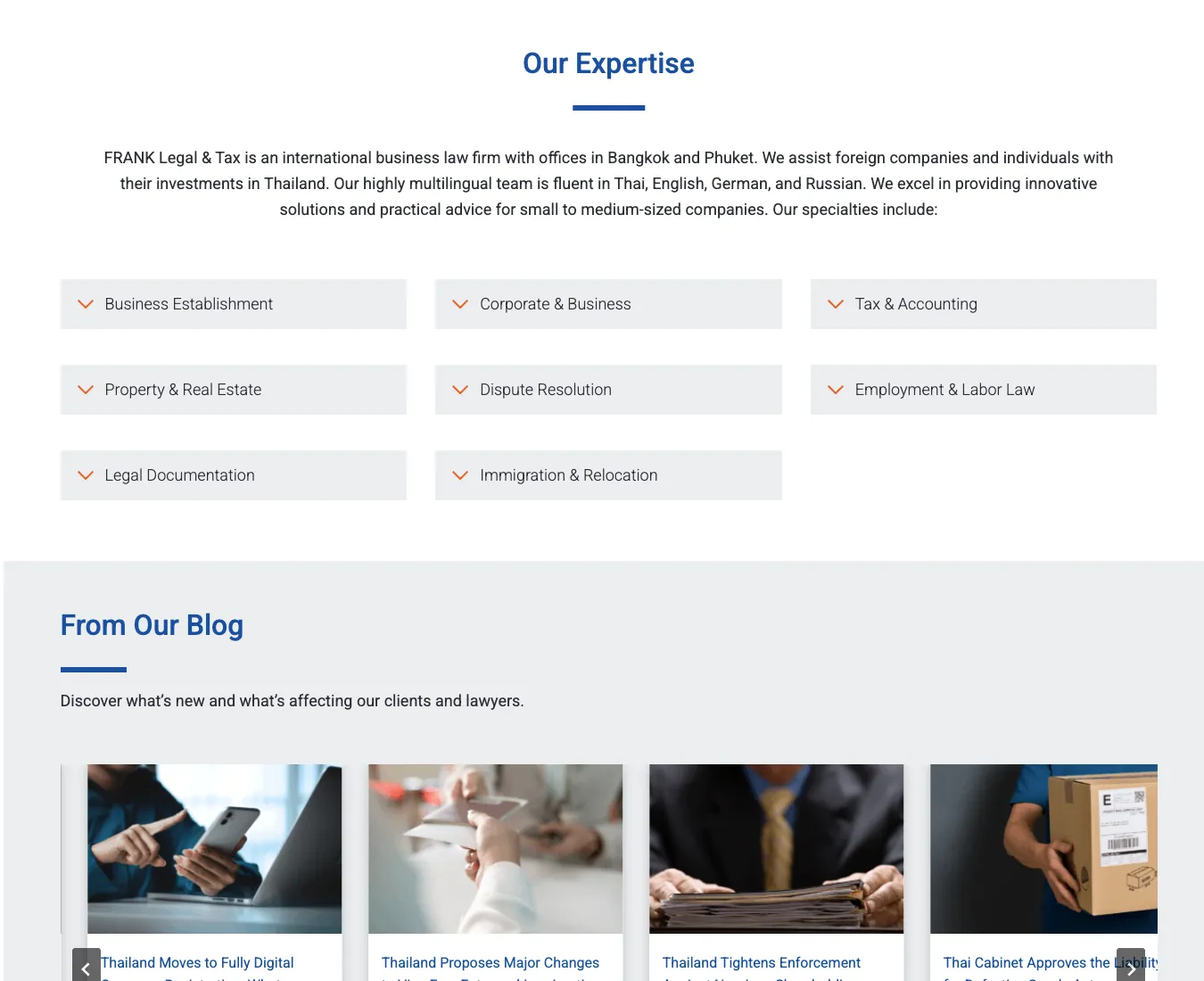 ส่วน Our Expertise แสดงบริการกฎหมาย ภาษี อสังหาริมทรัพย์ และการย้ายถิ่นฐาน