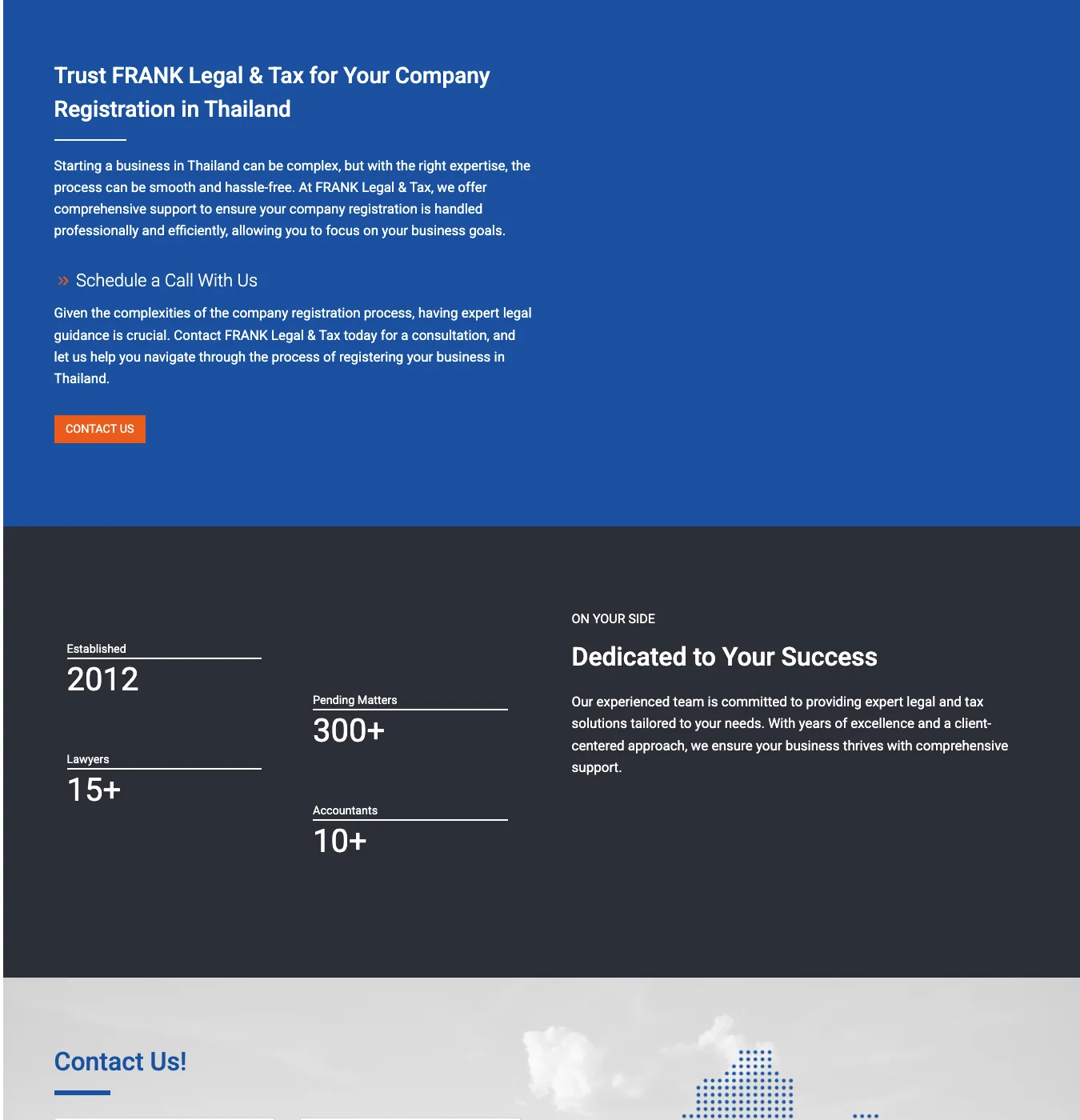 ส่วนสร้างความน่าเชื่อถือ ตัวเลขบริษัท และ CTA ติดต่อ FRANK Legal & Tax