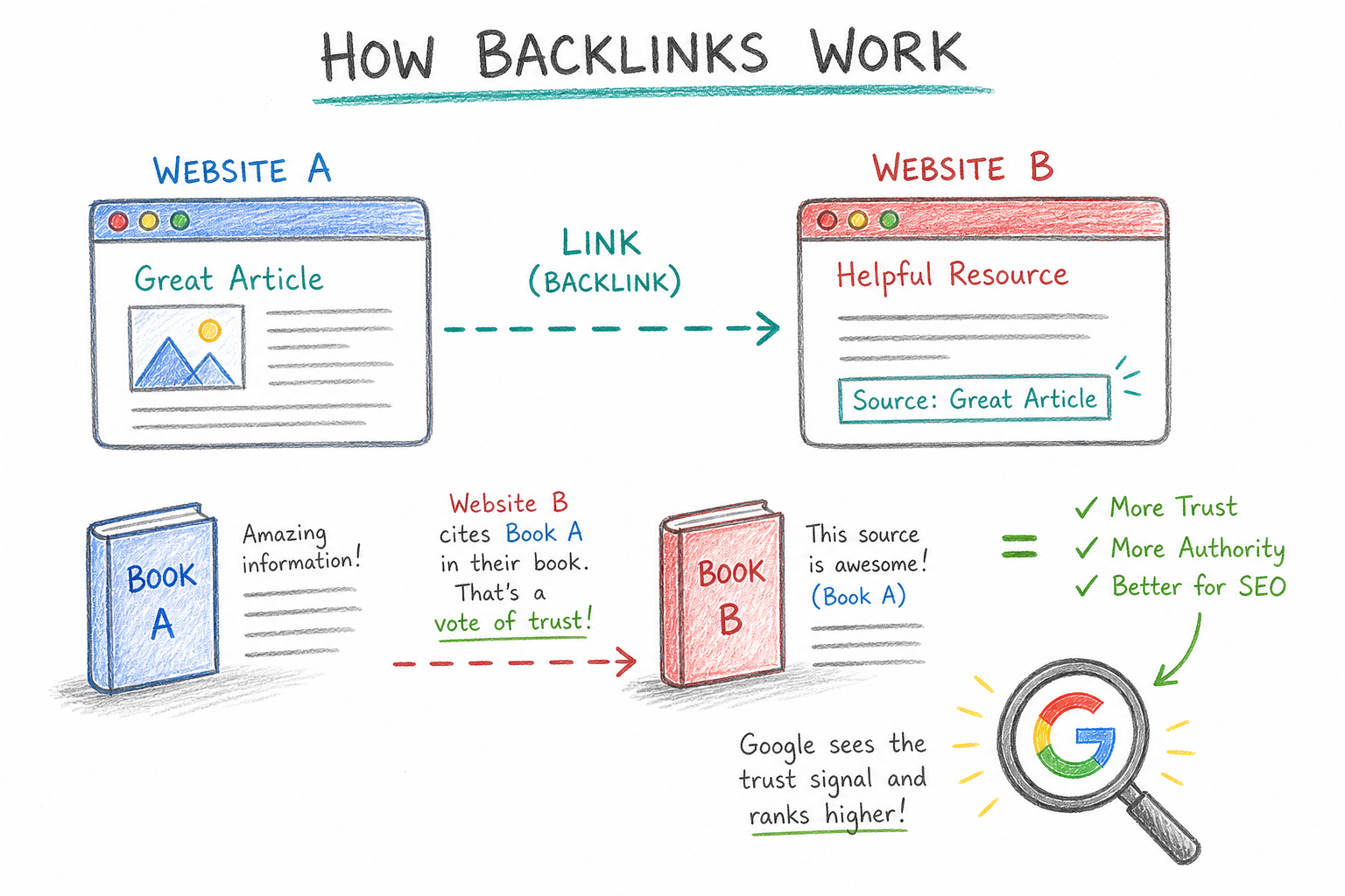 ภาพประกอบ Backlinks: เว็บไซต์อื่นลิงก์มายังเว็บไซต์ของคุณเป็นสัญญาณความน่าเชื่อถือ