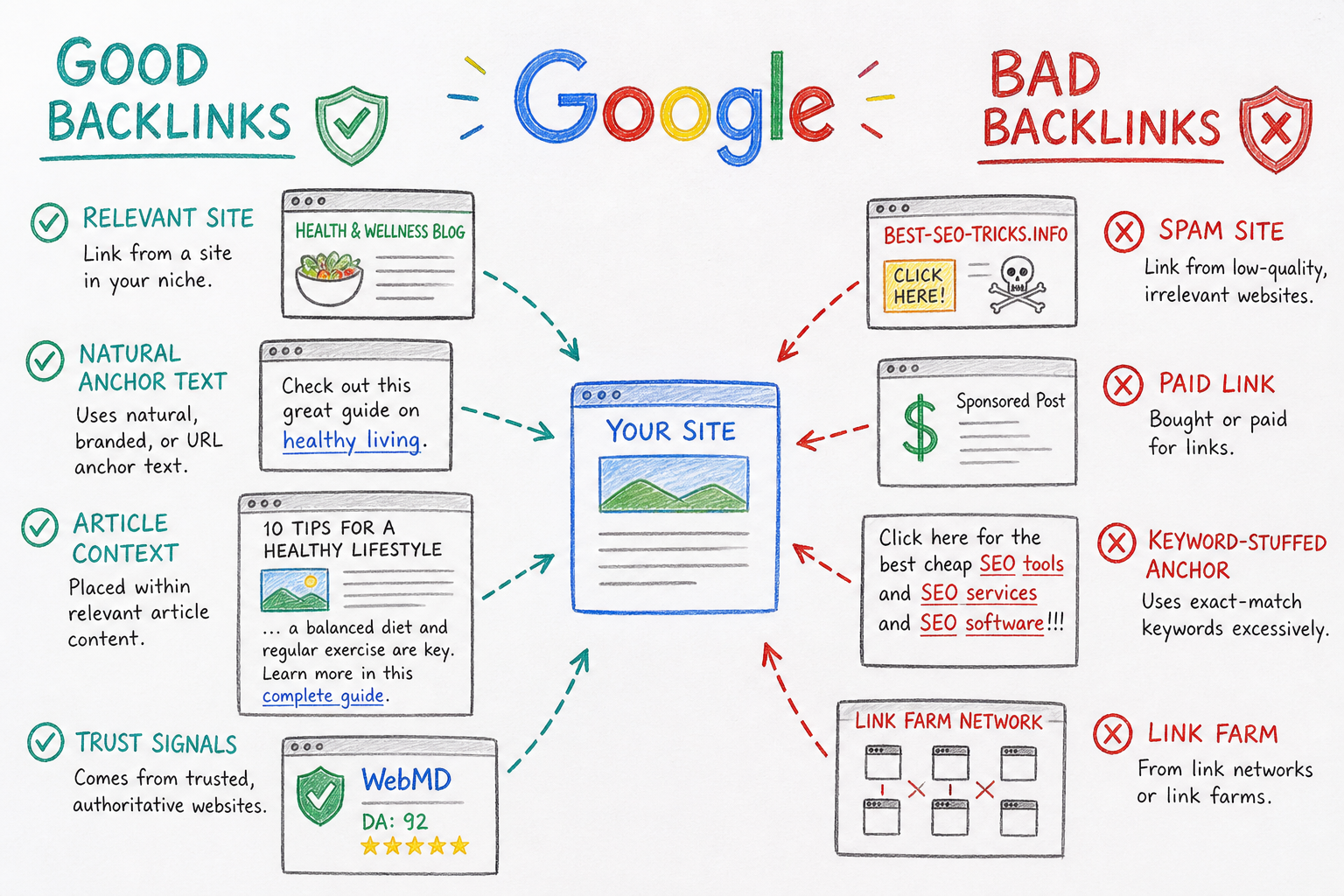 ภาพประกอบเปรียบเทียบ Backlinks คุณภาพดี กับ Backlinks เสี่ยงที่ควรหลีกเลี่ยง
