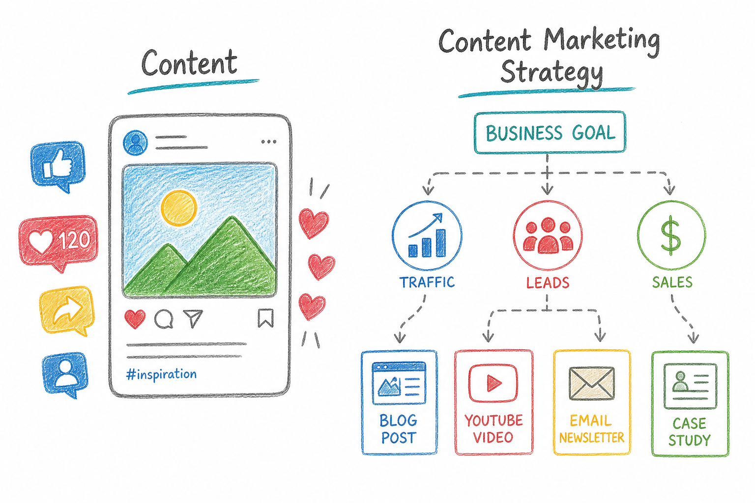 ภาพประกอบเปรียบเทียบการโพสต์คอนเทนต์ทั่วไป กับ Content Marketing ที่เชื่อมเป้าหมายธุรกิจ