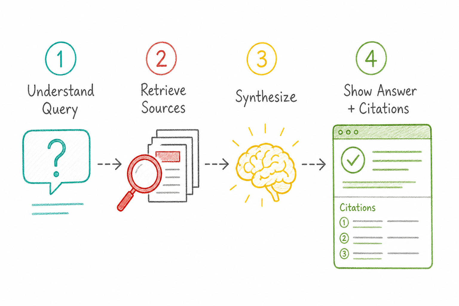 ขั้นตอนการทำงานของ Generative Engine ตั้งแต่เข้าใจคำถาม ค้นหาแหล่งข้อมูล สังเคราะห์คำตอบ จนถึงแสดง Citation