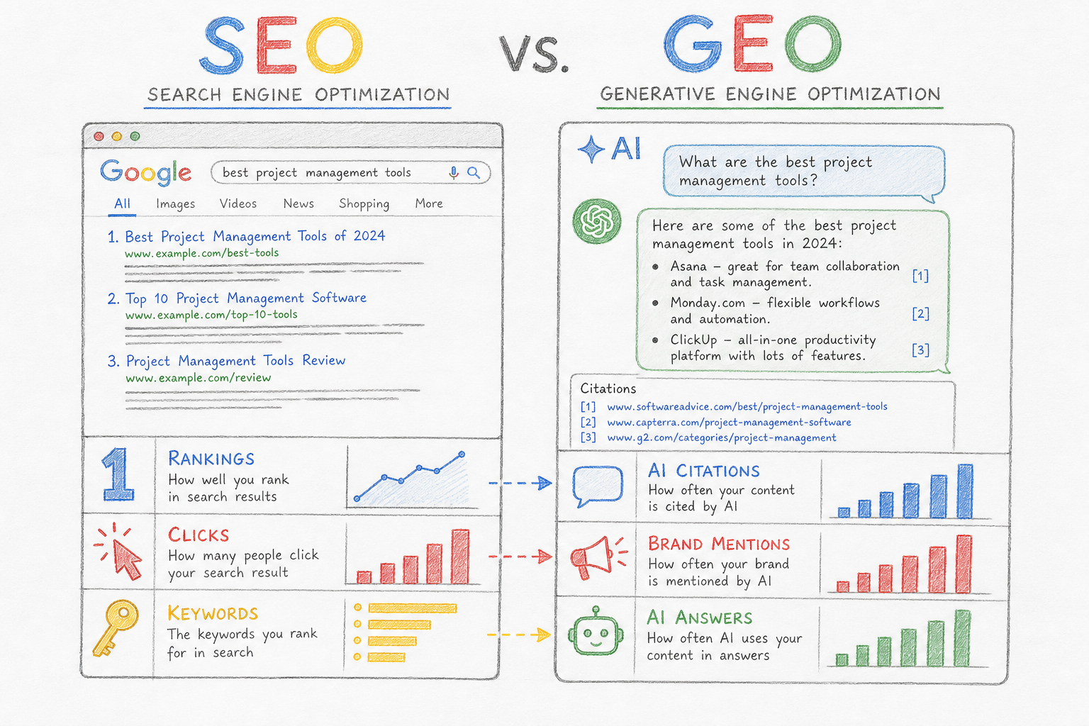 เปรียบเทียบ SEO ที่เน้น Ranking และ Clicks กับ GEO ที่เน้น AI Citations และ Brand Mentions