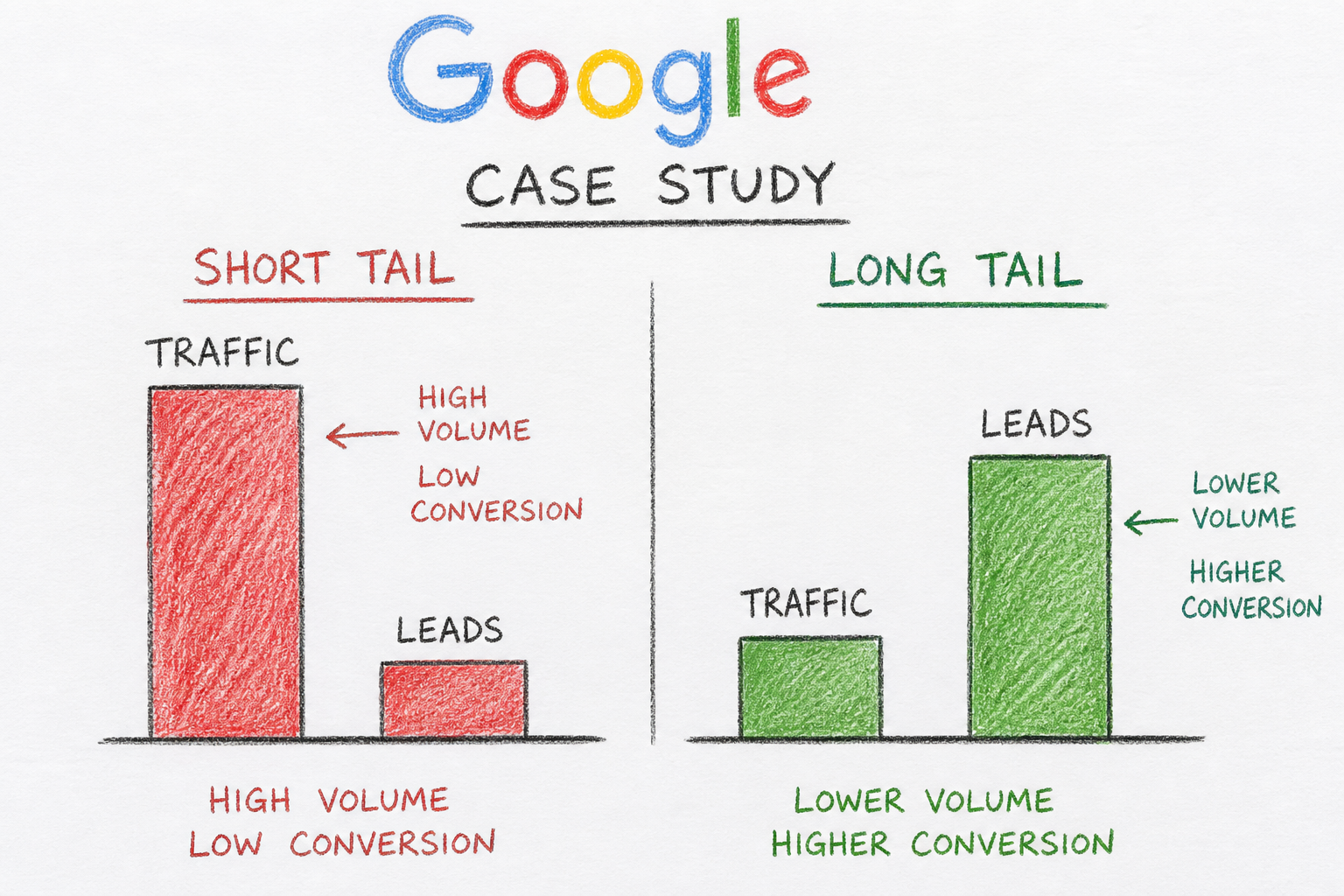 ภาพประกอบ Case Study เปรียบเทียบ Short Tail กับ Long Tail: Traffic สูงแต่ Conversion ต่ำ vs Traffic ปานกลางแต่ Leads สูงกว่า