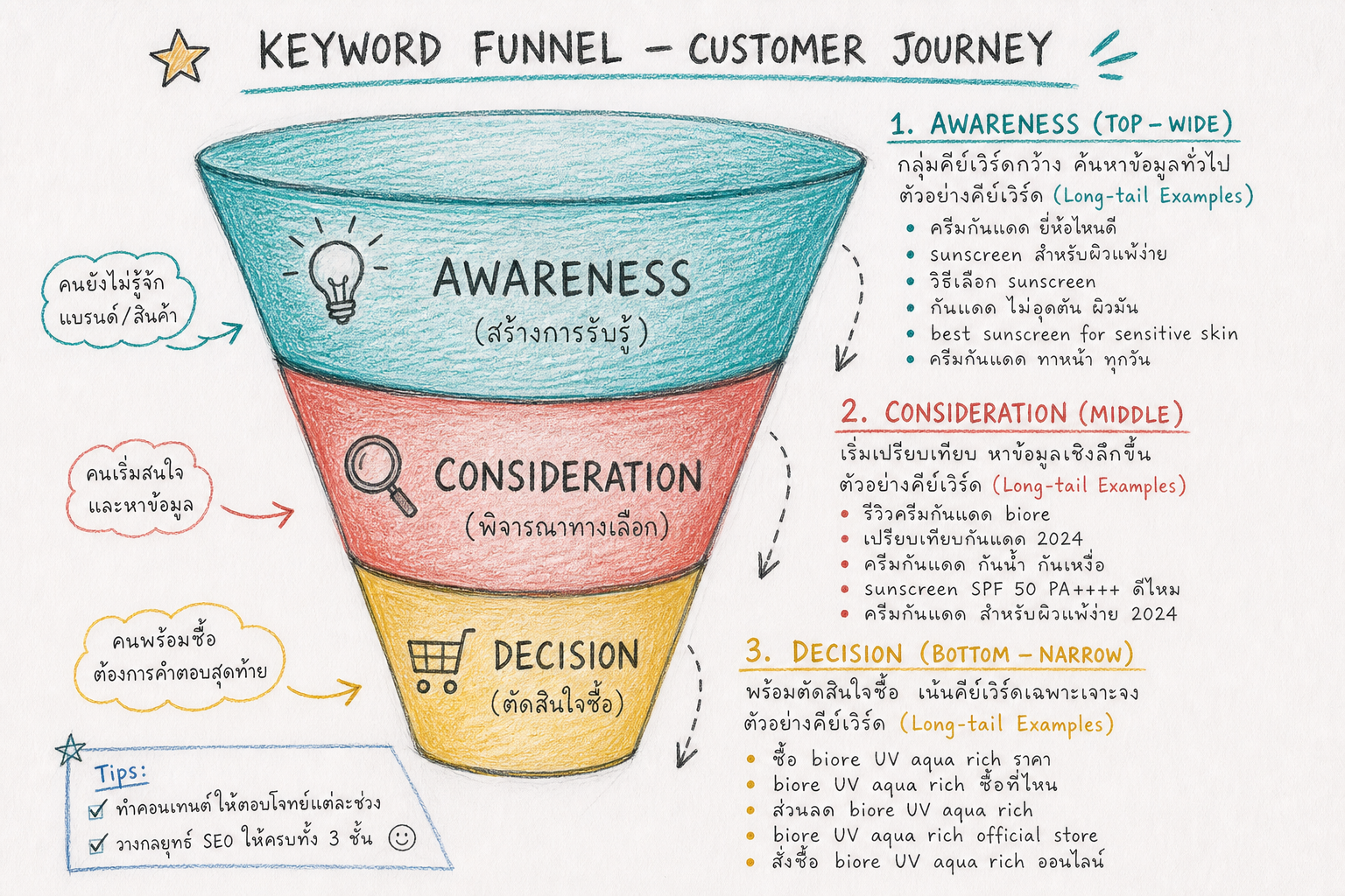 ภาพประกอบ Keyword Funnel: Long Tail Keywords ใน Awareness Consideration และ Decision