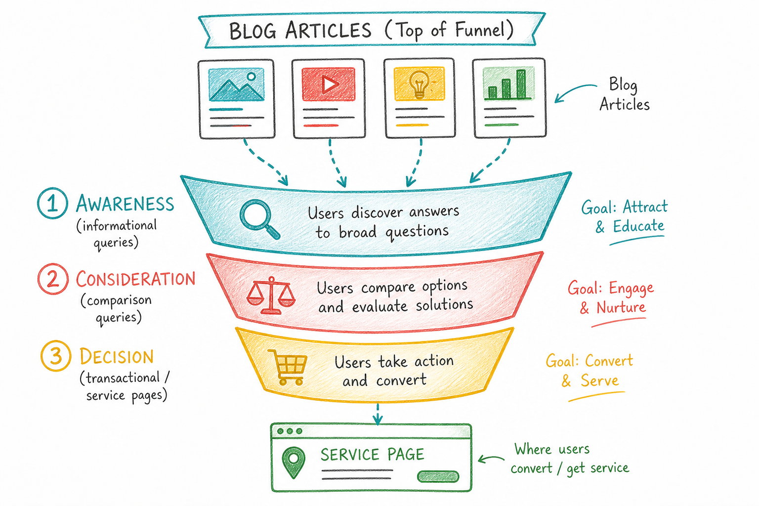Customer Journey จาก Awareness ผ่าน Consideration ไป Decision และการเชื่อมบทความ SEO ไปหน้าบริการ