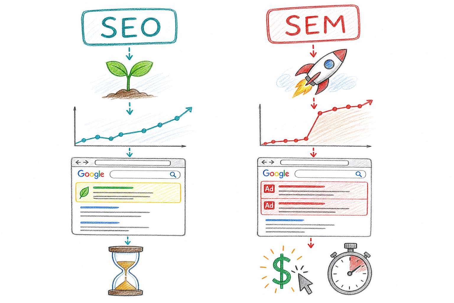 ภาพประกอบเปรียบเทียบ SEO และ SEM: Organic Traffic ระยะยาว กับ Paid Traffic ที่เห็นผลเร็ว
