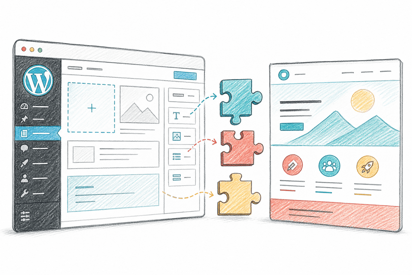 ภาพอธิบายการทำงานของ WordPress ซึ่งเชื่อมระบบหลังบ้าน ฐานข้อมูล และหน้าเว็บไซต์