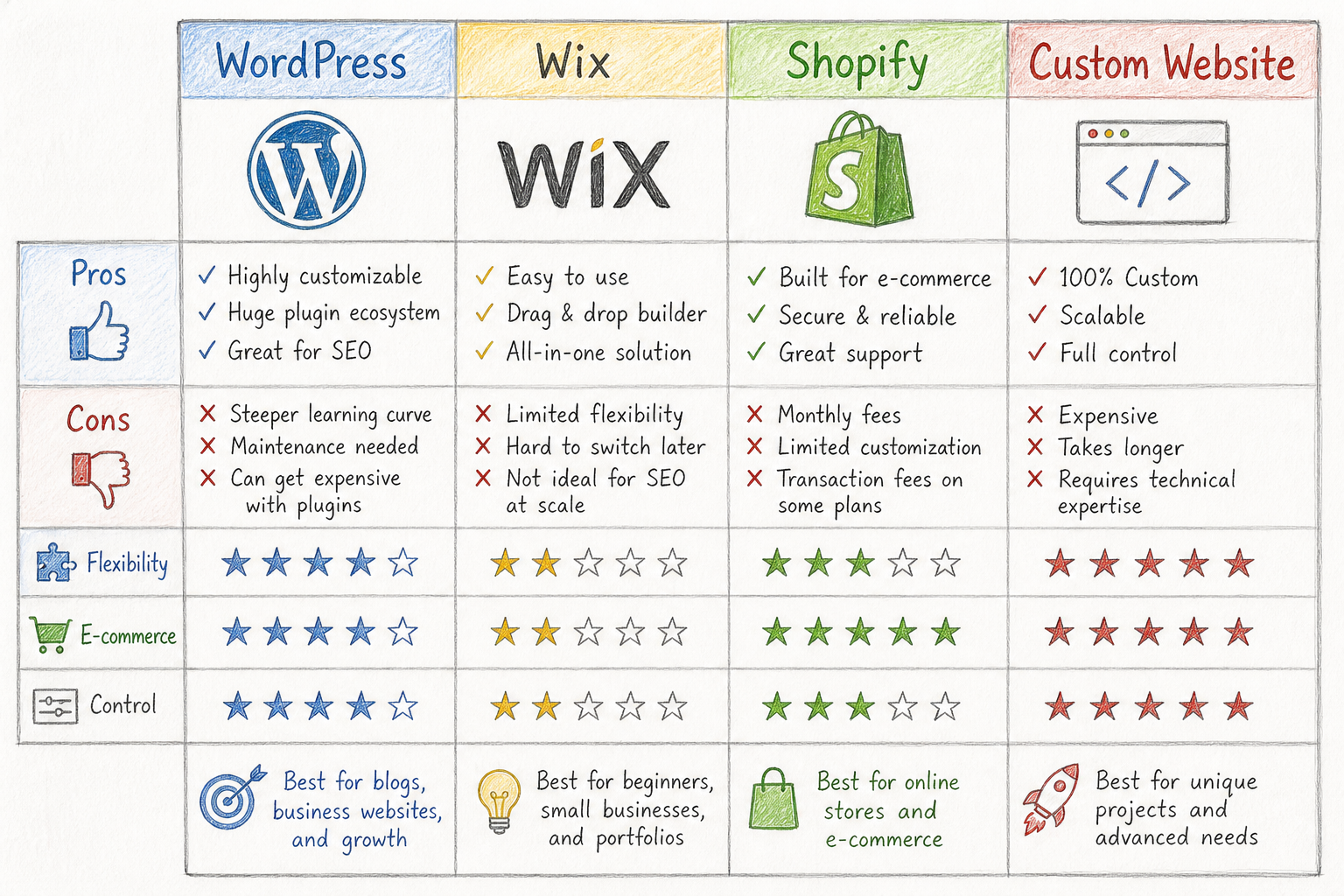 ภาพเปรียบเทียบ WordPress กับ Wix Shopify และเว็บ Custom
