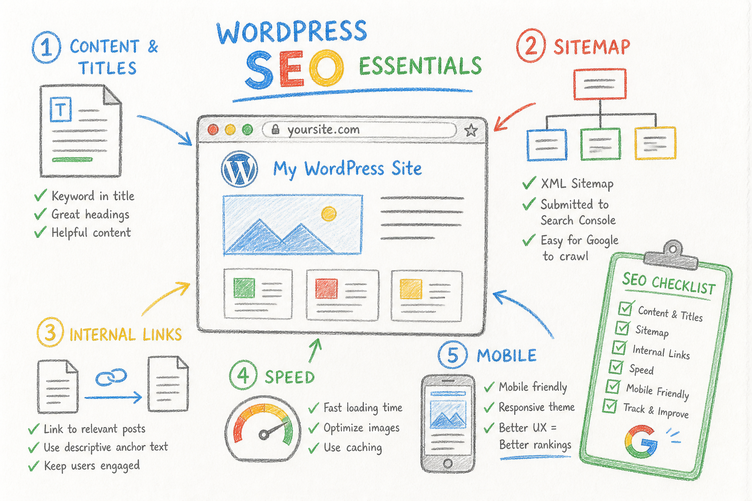 ภาพองค์ประกอบ SEO บน WordPress: เนื้อหา Title Sitemap Internal Links ความเร็ว และ Mobile