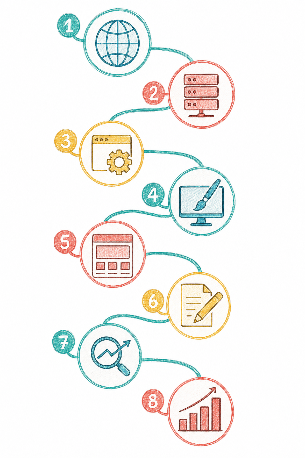 อินโฟกราฟิก 8 ขั้นตอนการสร้างเว็บไซต์ ตั้งแต่ Domain ไปจนถึง Analytics